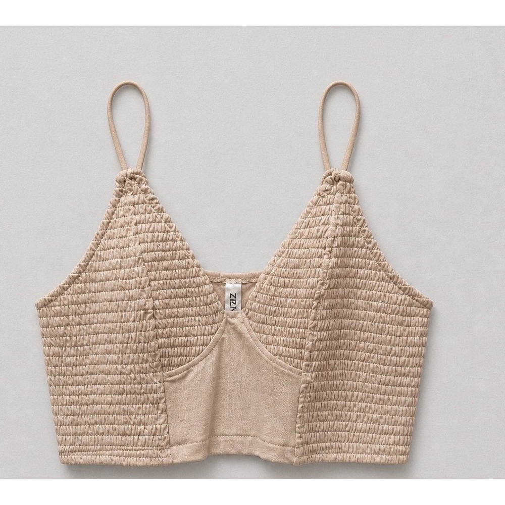 Zenana Women Sand Beige Smocked Crop Cami Top V-Neck Bralette RT-8013AB 1XL